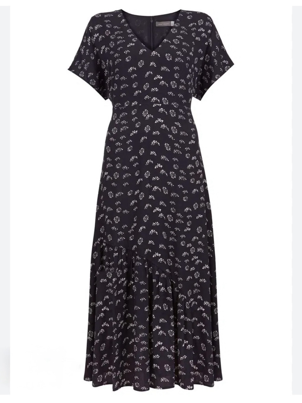 Mint Velvet Boho Flowy Fit Flare Short Sleeve Navy Maxi Dress US 14